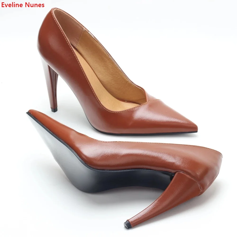Brown Professional Slip-on Pumps 2022 Women's New Arrival Solid Stiletto Patent Leather Pointed Toe Fashion Summer Sexy Shoes