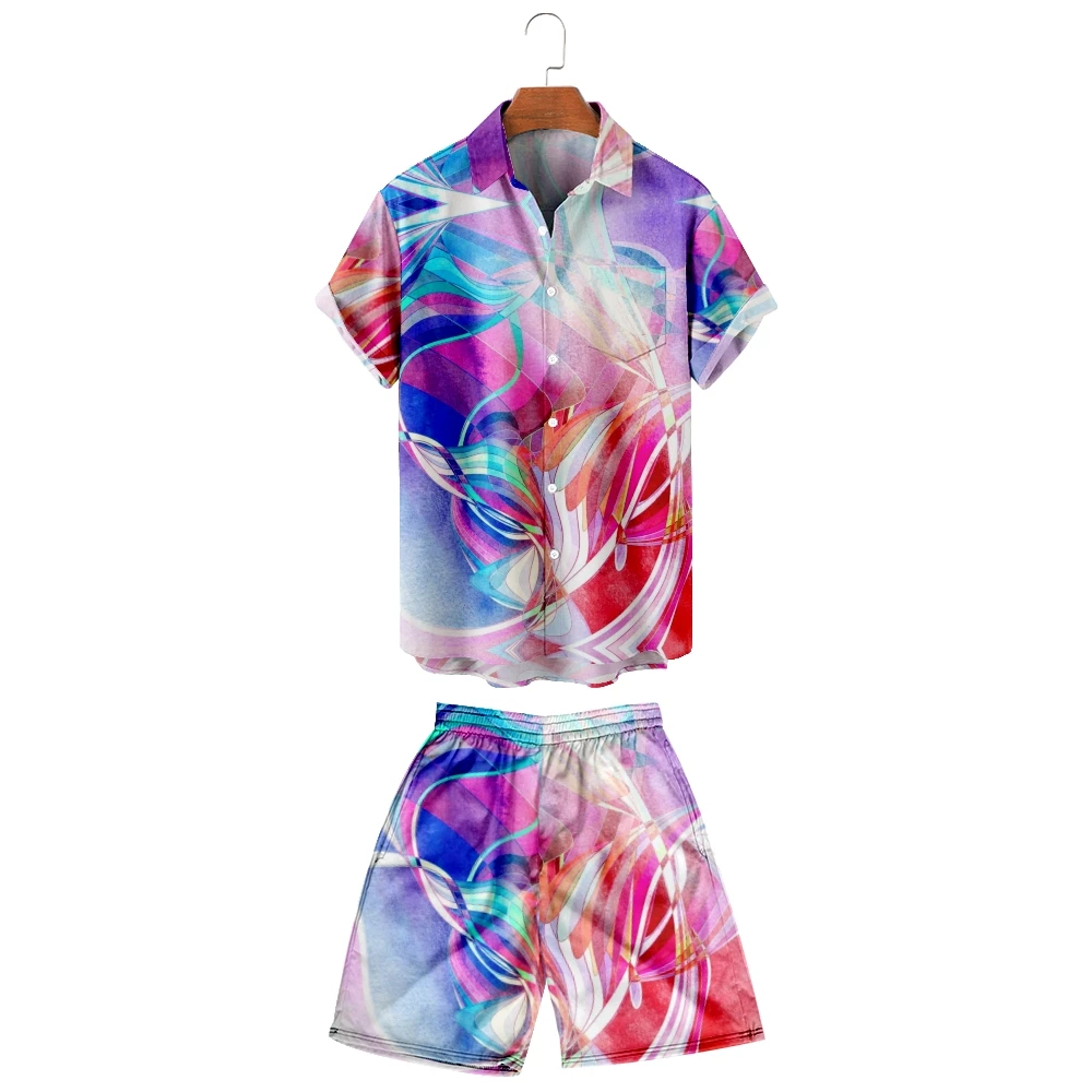 

2022 new men's casual breathable Lapel shirt + Beach Shorts Set can be customized for fashion light and thin Color Nebula
