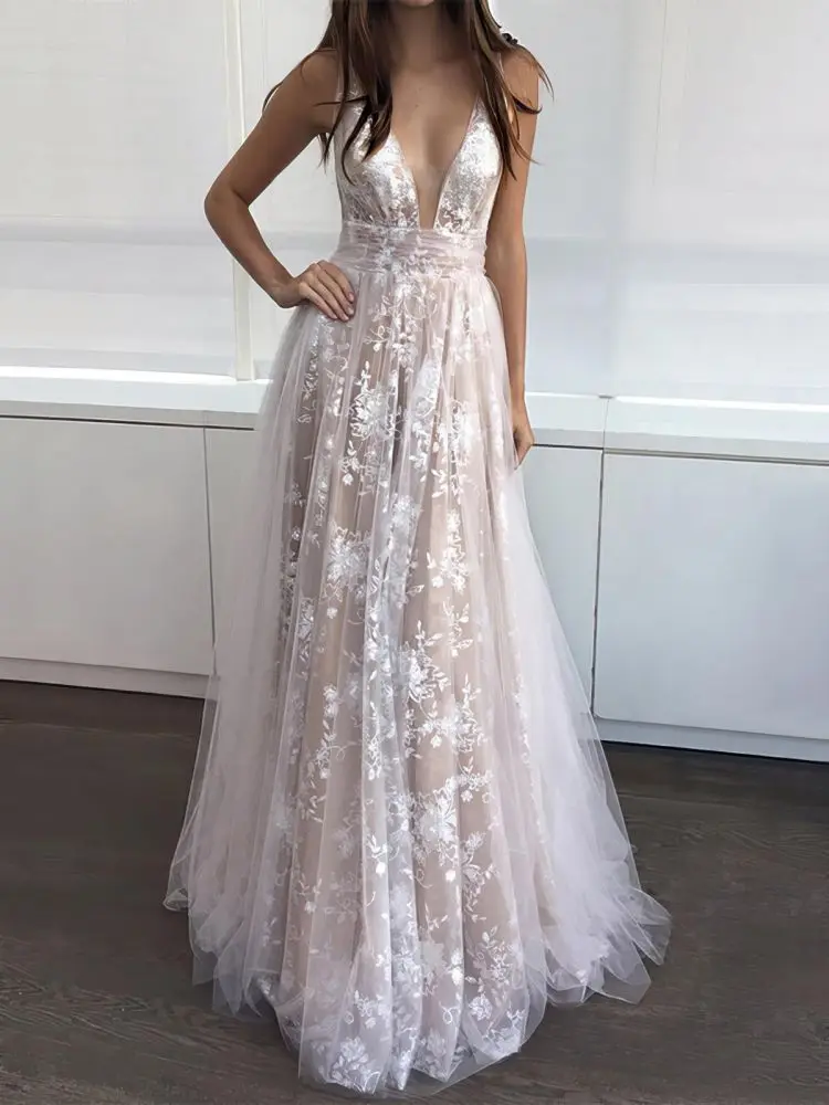 

White Elegant Lace Evening Dresses For Women Classic Deep V-Neck A-Line Prom Gowns Champagne Fashion Bride Dresses vestidos
