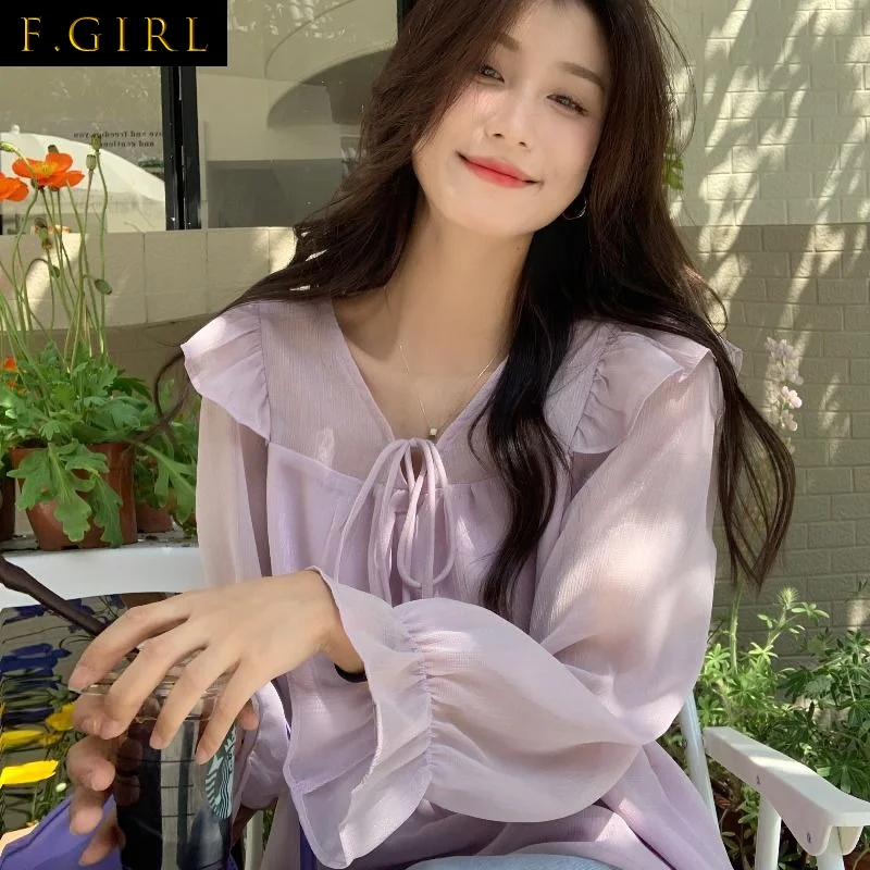 

F GIRLS Blouses for Women Lace-up V-neck Design Long Sleeve All-match Korean Style Sweet College Tender Classic Solid Casual Dai