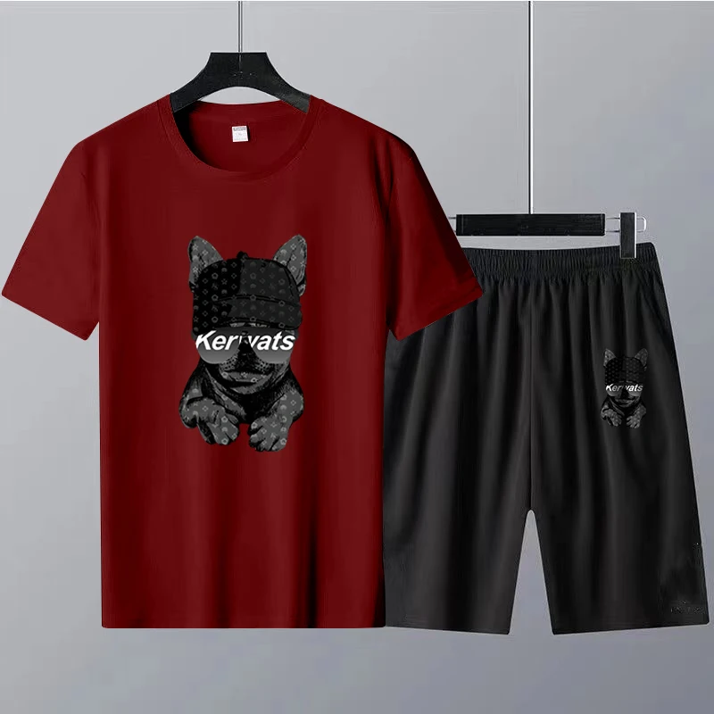 2023 Summer New Cute Dog Print O-Neck T-shirt+Shorts Tracksuits 2 Pcs outfits Causal Man Sport Suit Oversized Men Set Cotton