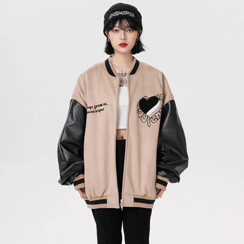 

Varsity Bomber Winter Jacket Women Letter Baseball Outerwear Hip Hop Jackets Black Khaki Fashion Pu Coats Y2k Streetwear Unisex