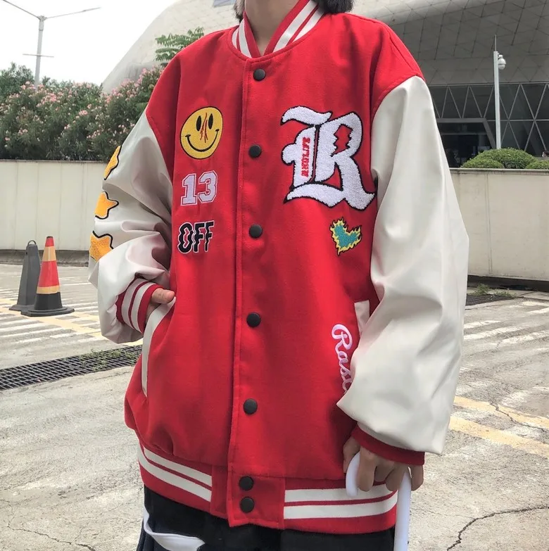

Mens Hip Hop Varsity Jacket Furry Stars Smiley Embroid Aesthetic Bomber Jackets Winter Harajuku Fashion Baseball Jackets Unisex