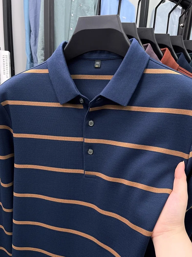 2024 Spring and Autumn New Long sleeve Polo Shirt Color Stripes Yarn-dyed Jacquard Stripe Middle-Aged Daddy Clothes High end ...
