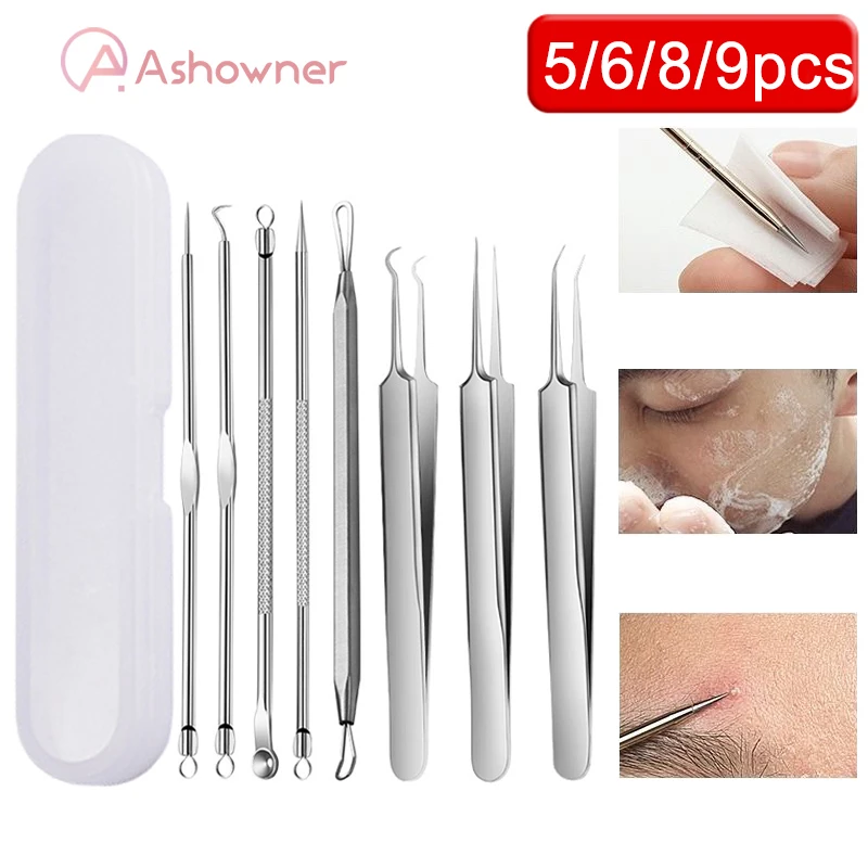 9pcs Acne Blackhead Needles Stainless Steel Comedone Black Spot Pimple Blemish Remover Women Treatment Pore Cleanser Hook Pin