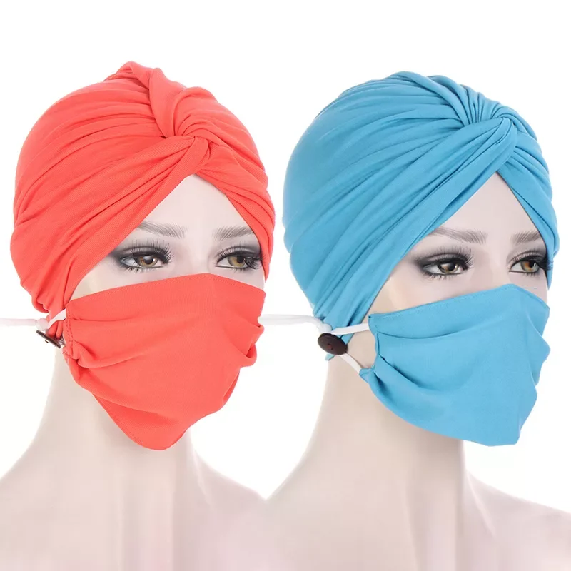 

Solid Color Crystal Twist Cap Face Mask Nail Button Hat Hair Guard Bonnets For Women Hijabs Fashion Dust Proof Muslim 2022