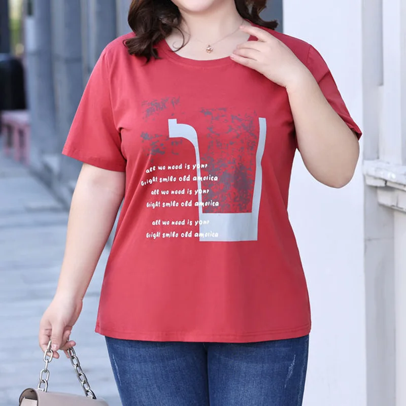 Plus Size Clothes Fashion Round Neck Printing Short Sleeve Tops Summer Casual Letter Loose Pullover Basic Red Women's T-Shirt