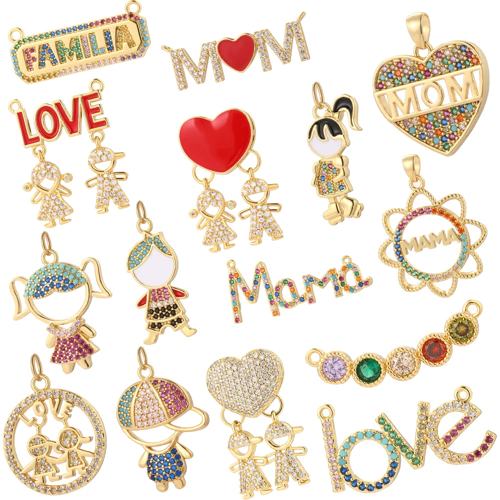 

Mom Family Gilr Boy Letter Charm for Jewelry Making Supplies Real Gold Color Plated CZ Dangle Diy Earring Necklace Mama Pendant