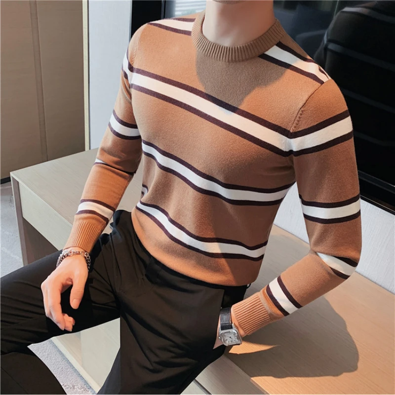 2022 Mens Autumn Casual Sweaters Slim Fit Stripe Knitting jumpers /Cotton Long Sleeve Round Collar Male Warm knitting Pullovers