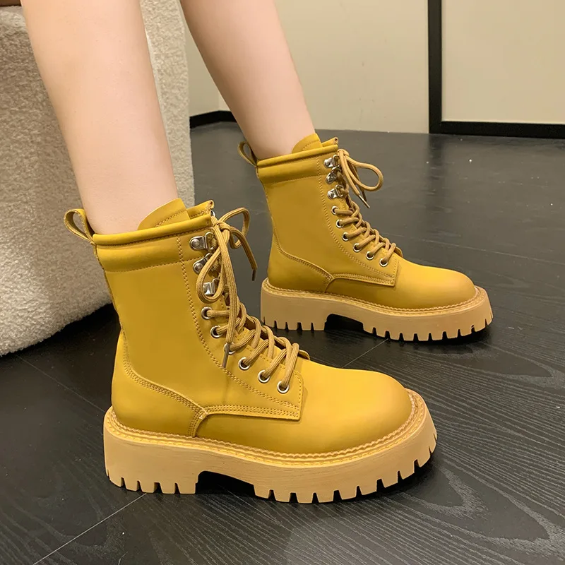 

New Autumn 2022 Women Ankle Boots Female Microfiber Fashion Platform Round Toe Shoes Ladies Solid Lace Up Retro Short Boot