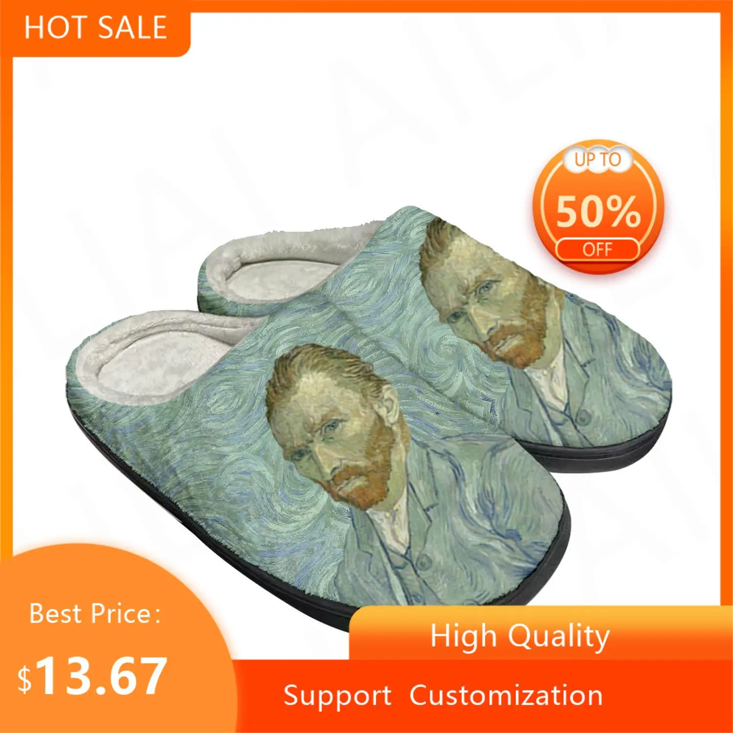 

Домашние хлопковые домашние тапочки с масляной краской Ван Гога, мужские и женские сандалии, плюшевая сохраняющая тепло обувь для спальни, термотапочки