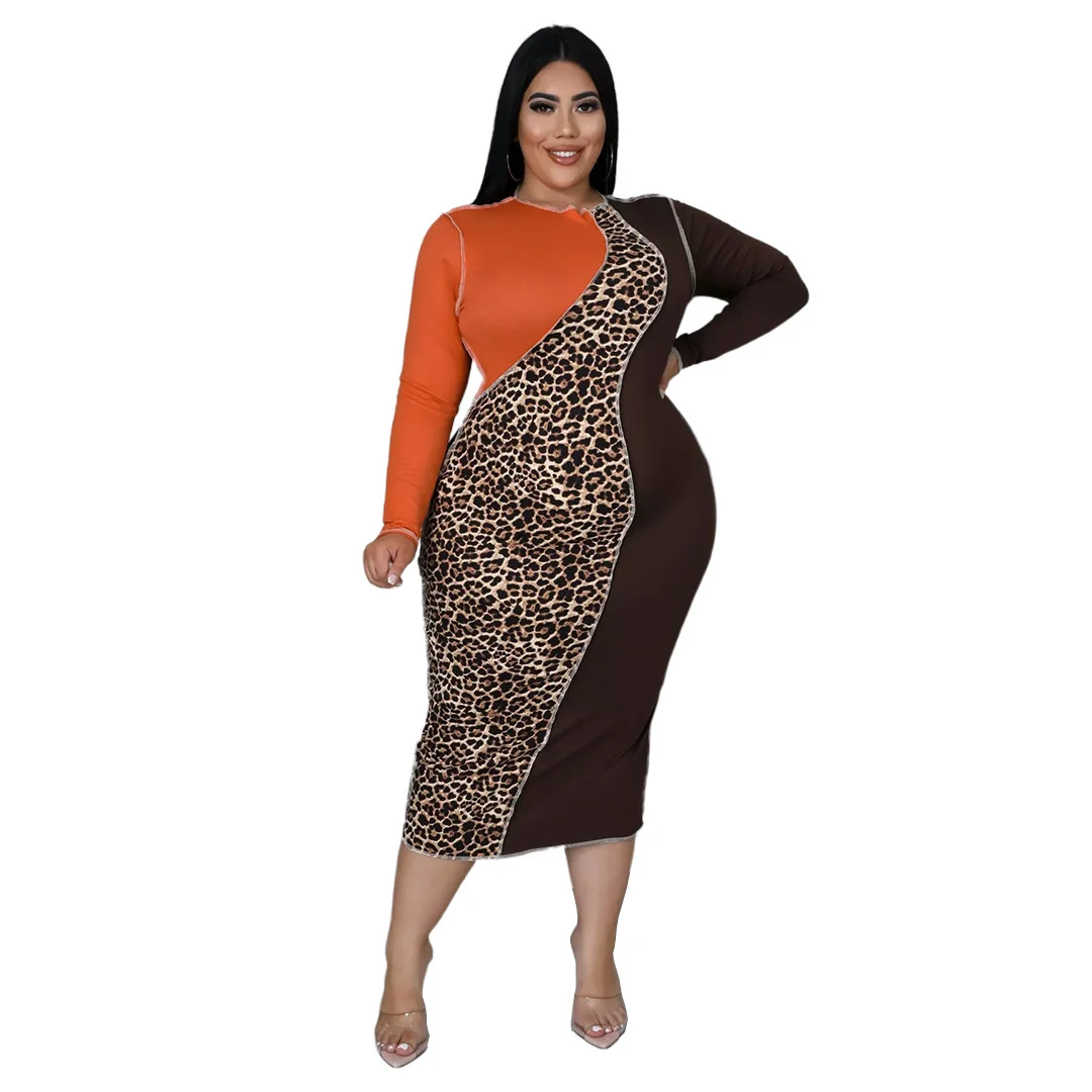 Fashion Plus Size Women's Dresses Leopard Print Splicing Collision Color Elegant Dresses Round Neck Long Sleeve Casual Dress