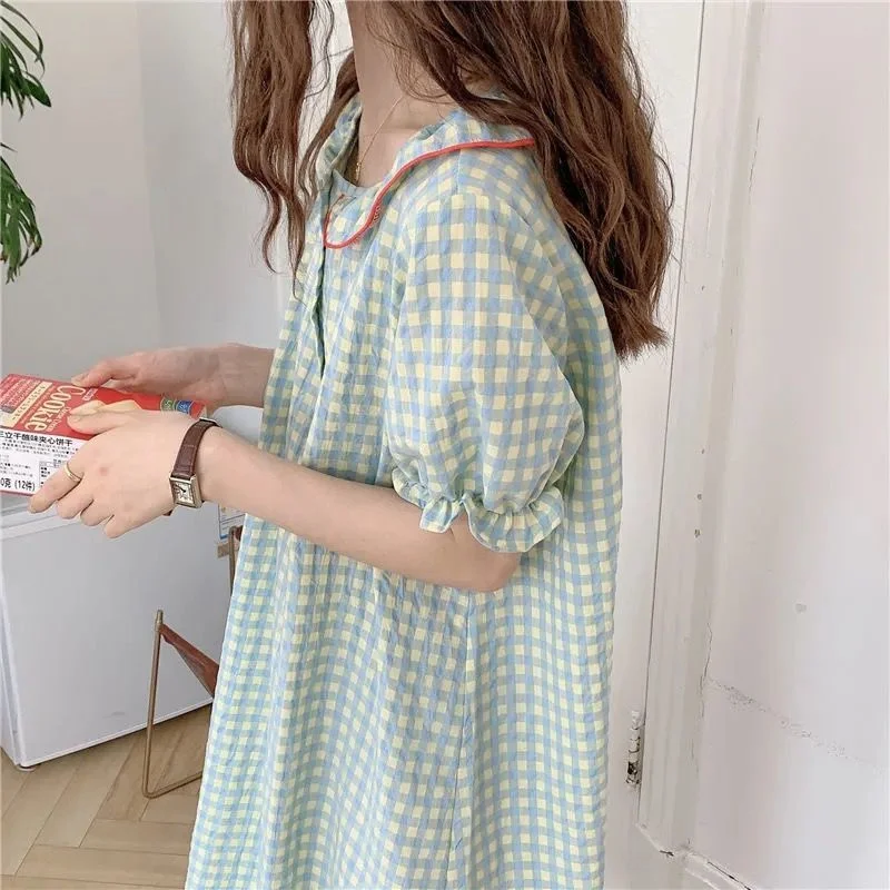 Autumn Casual/Sexy Plaid Nightgown For Women Elastic Nightdress Women's Sweet Neck Short Sleeve Princess Fashion Nightwear