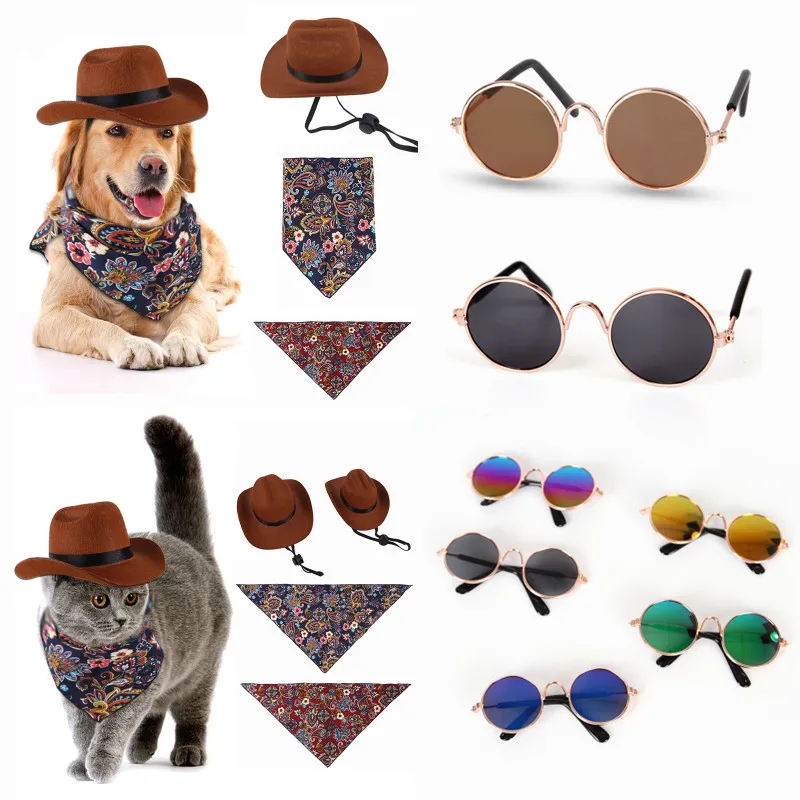 Pet Hat Dog Cat Western Cowboy Hat Christmas Pet Triangle Scarf Universal Funny Retro Photo Prop Dog Accessories Doll Decoration