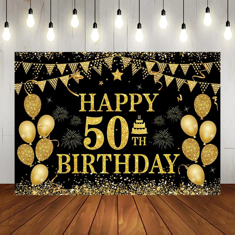 

Happy 50th Birthday Party Men Women Backdrop Banner Black Gold Balloons Years Anniversary Suppiles Background Home Outdoor Decor
