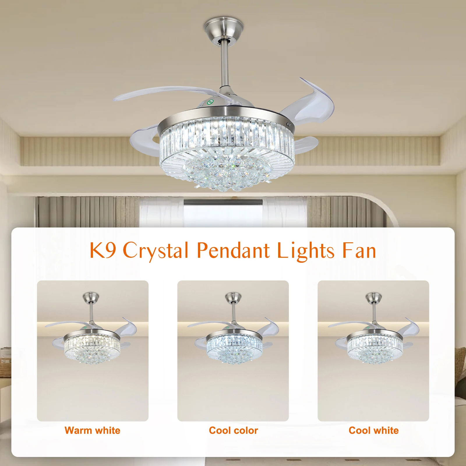 

Eatssode Luxury Crystal Ceiling Fan With Lights 42 In Remote Control 110V Retractable Blade Chandeliers Fan Lamp for Living Room