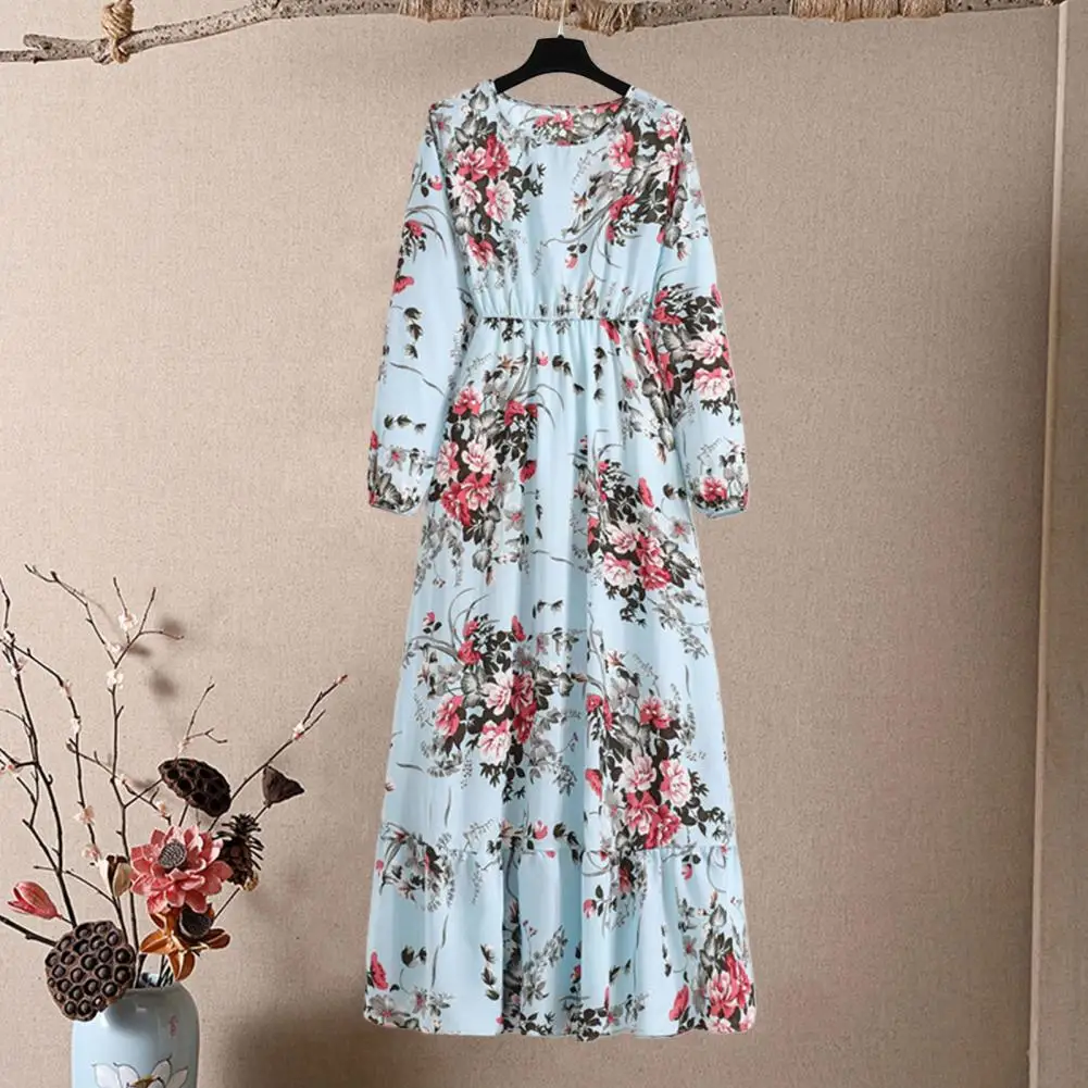 

Women O-neck Long Sleeve Maxi Dress Elastic High Waist Loose Hem Floral Print A-Line Dress Streetwear