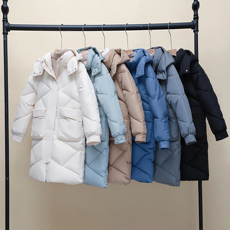 Women's Autumn Winter Solid Color Hooded Jackets Rhombic Lattice Loose Coat Medium Long Parka for Fashion Parkas Jackets