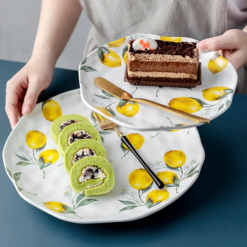 

European Ceramic Plate Creative Rural Style Breakfast Bread Plate Hand Drawn Lemon Desktop Fruit Salad Plates Kitchen Tableware