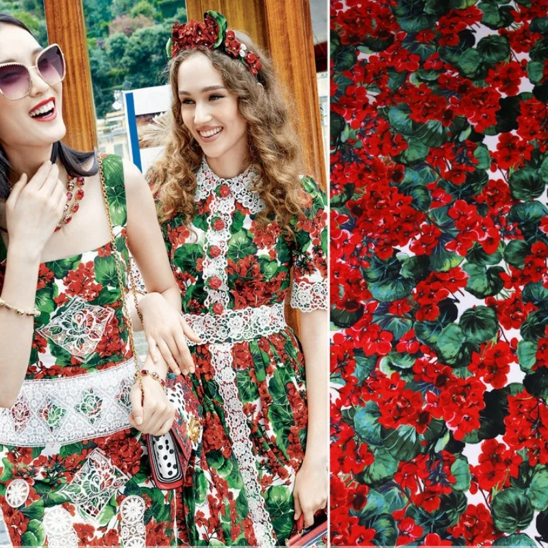 

Drape Geranium Printed Polyester Fabric Parent-child Clothing Handmade Cloth Diy Dress Cheongsam Shirt Pants Cloth by the Meter