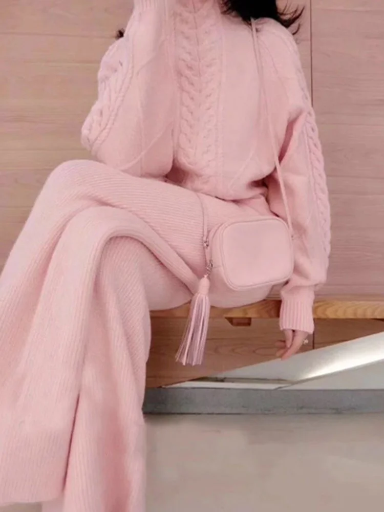 

High-neck Twist Pullover Sweater Knitted Wide-leg Pants Matching Color 2 Piece Set Female Trendy Clothes Winter H327