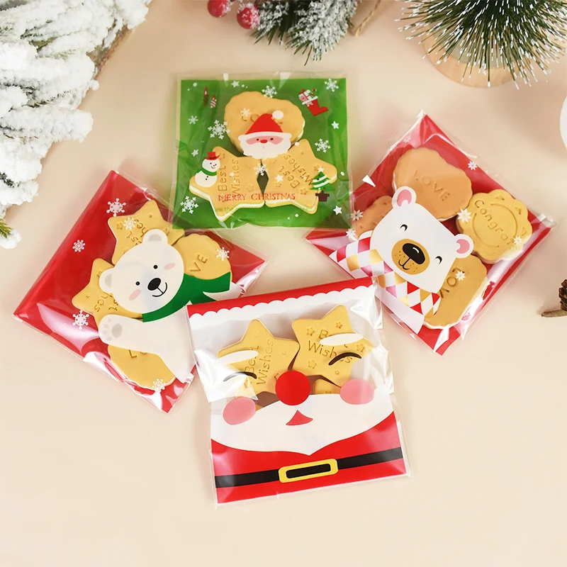 

100pcs Christmas Biscuit Bags Cartoon Cookie Gift Bags Plastic Self-adhesive Snack Packaging Pouch Xmas New Year Decor Supplies