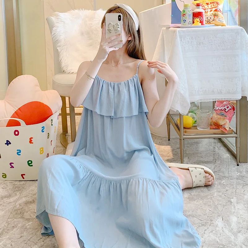 Night Wear Summer Sleepwear Dress Cotton Silk Night Gown For Women Sling Sexy Nightdress