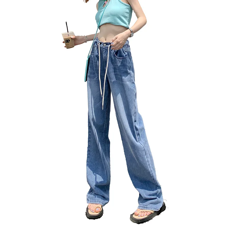

Женские трендовые индивидуальные винтажные джинсы на шнурках яркого цвета с высокой талией свободные прямые повседневные джинсы для студе...