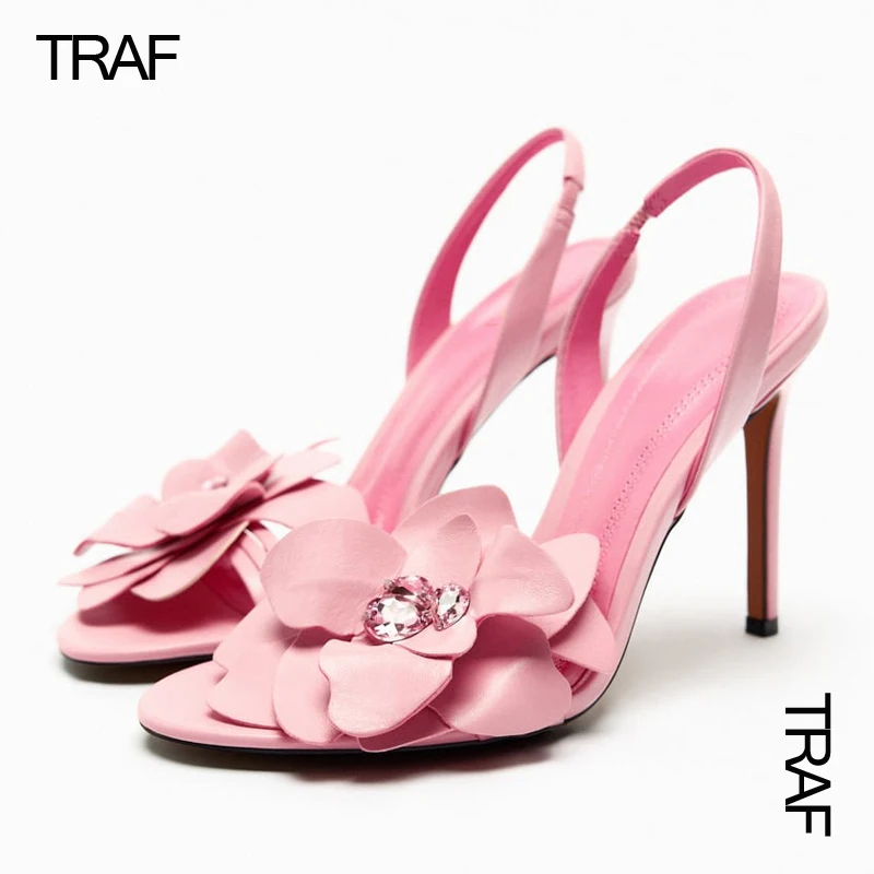 

TRAF Women's Pumps Flower High heels Summer 2023 High-heeled Sandals Pink Green Slingback Stiletto Peep toe Heels Round toe Heel