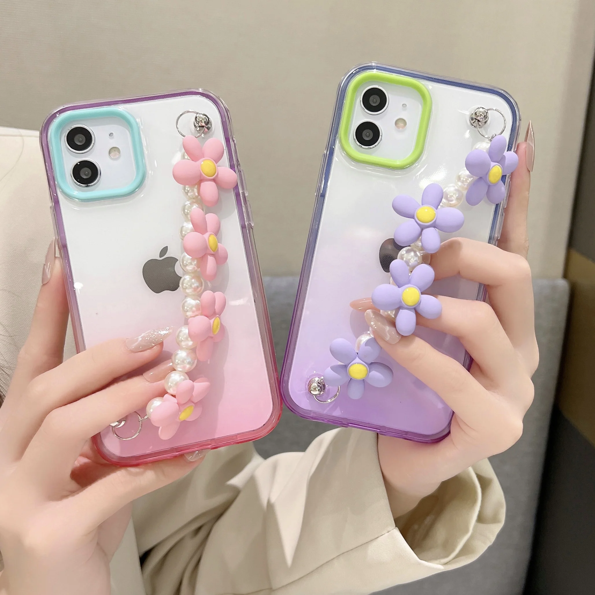 

Flower Wristband Phone Case for iPhone 14 13 11 12 Pro Max XS XR X 7 8 Plus SE Gradient Clear Shockproof Slim Cover With Bumper