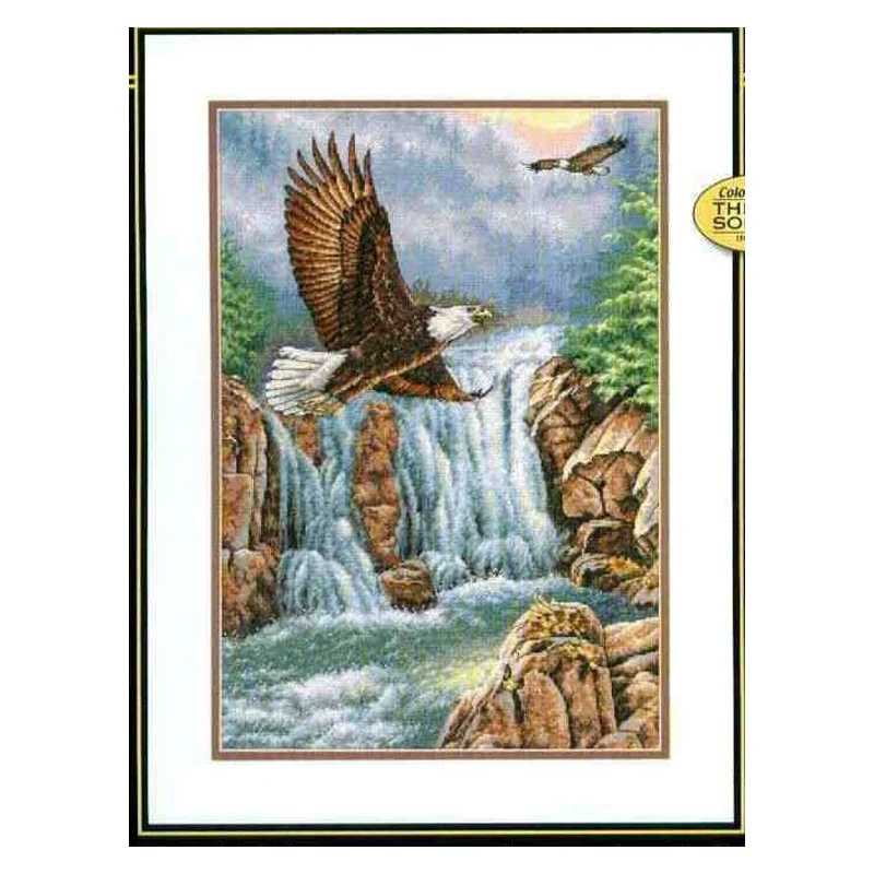 Amishop Lovely Gold Collection Counted Cross Stitch Kit Eagle's Majesty Eagle Eagles And Waterfall Mountains Dim 35225