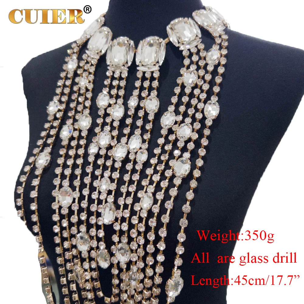 CUIER 45CM Super Shiny Long Gold Tassel Rhinestones Glass Necklace Choker Jewelry For Women Drag Queen Accessories Huge Size images - 6
