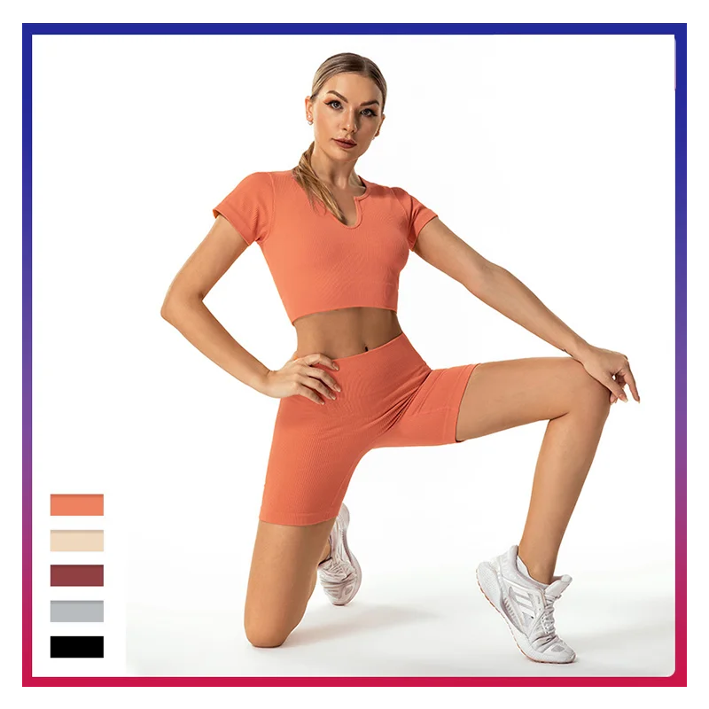 

2pcs Seamless Yoga Set Woman Tracksuits Workout Sportswear Gym Clothing Fitness Short Shirts Crop Top Leggings Sports Suits
