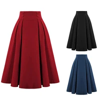 2022 autumn long skirt women fashion casual midi skirt with pockets vintage high waist pleated skirt black jupe longue femme