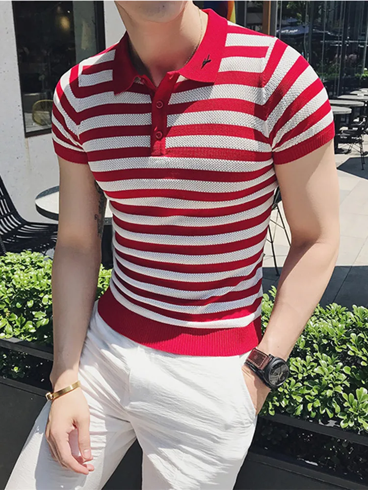 

Men's Summer Slim Striped Short Sleeve Polo Shirt Breathable Contrast Color Vacation Style Fashion Men's Cotton Polo Shirt