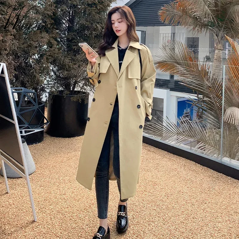 

Korean Fashion Long Trench Coats Spring Autumn Women Jackets Belt Elegant Windbreaker Streetwear Double-Breasted Khaki Overcoat