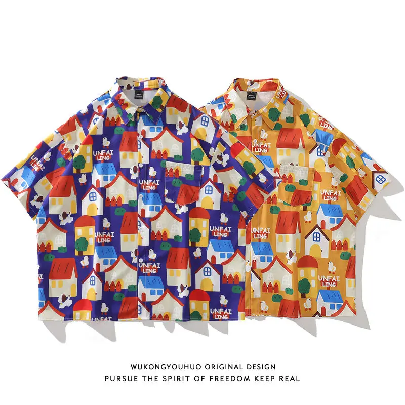

Ins Summer Short Sleeve Cartoon Housing Full Print Shirt Men Women Handsome Hawaiian Beach Loose Shirt Harajuku Shirts for Men