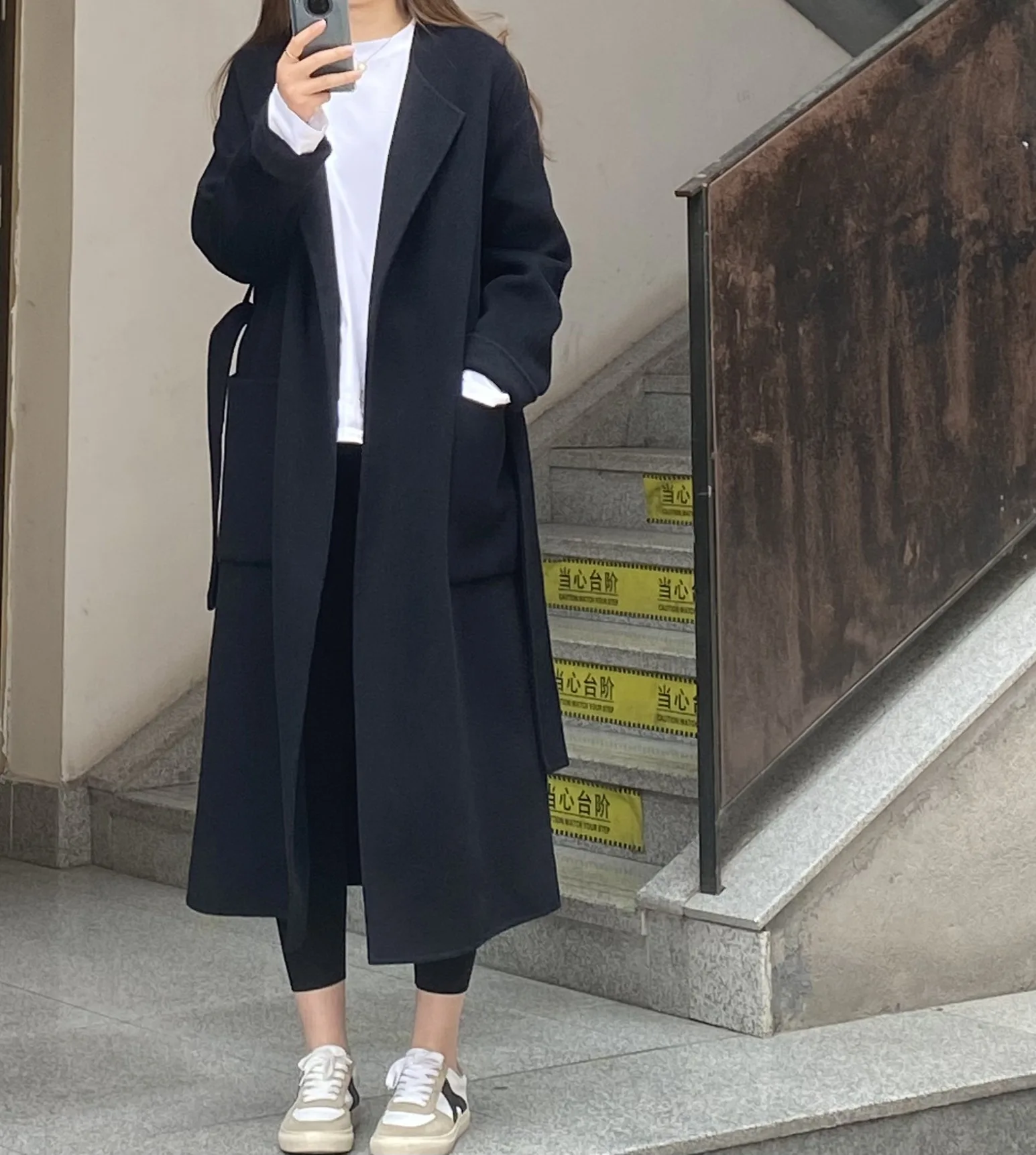 

Autumn and Winter New Long Section Navy Blue Handmade Double-sided Woolen Cashmere Coat Women