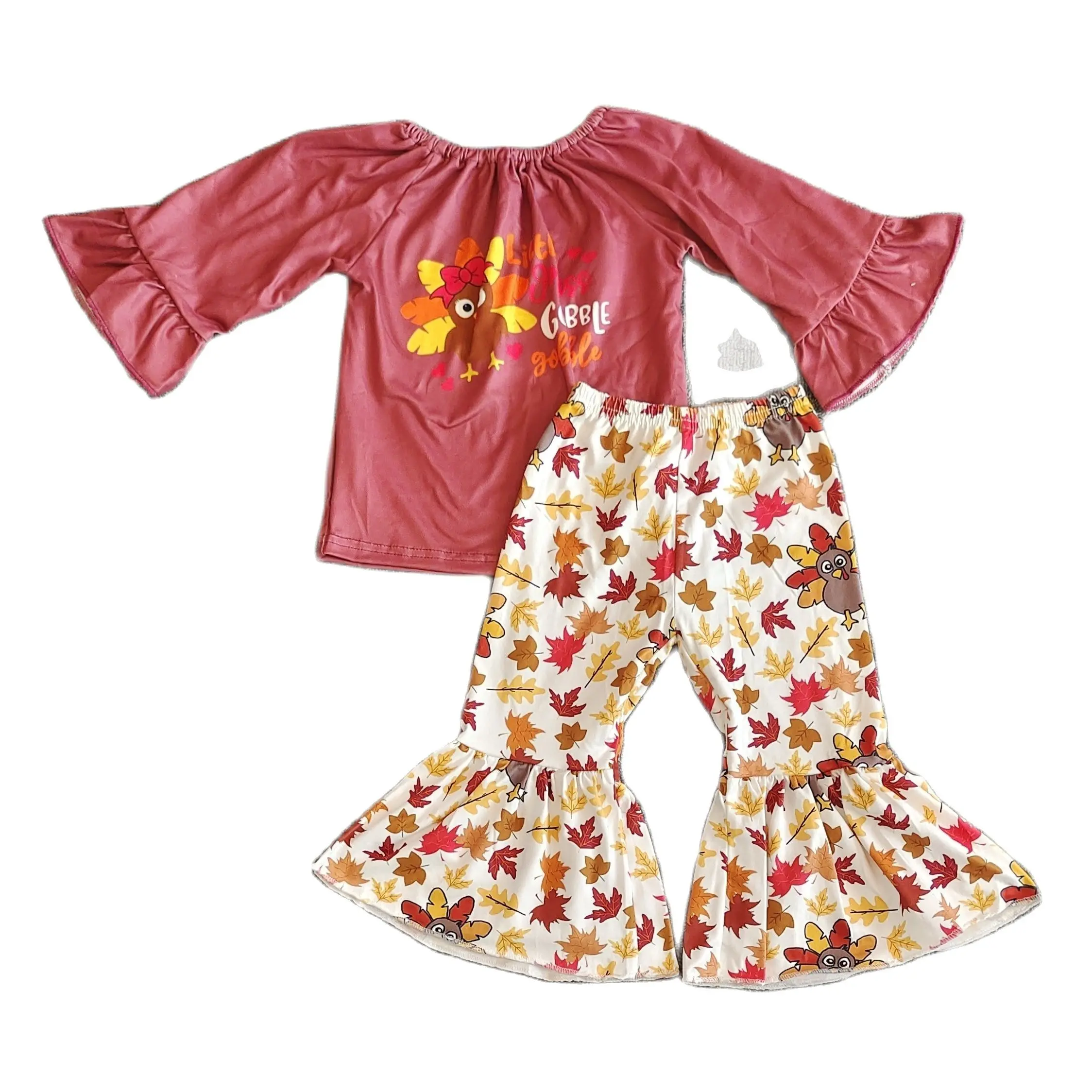 

Fashion Baby Girl Clothes Set Short Sleeve Round Neck Five Point Lace Sleeve Cartoon Chick Print Top + Bell Bottom Pants Set