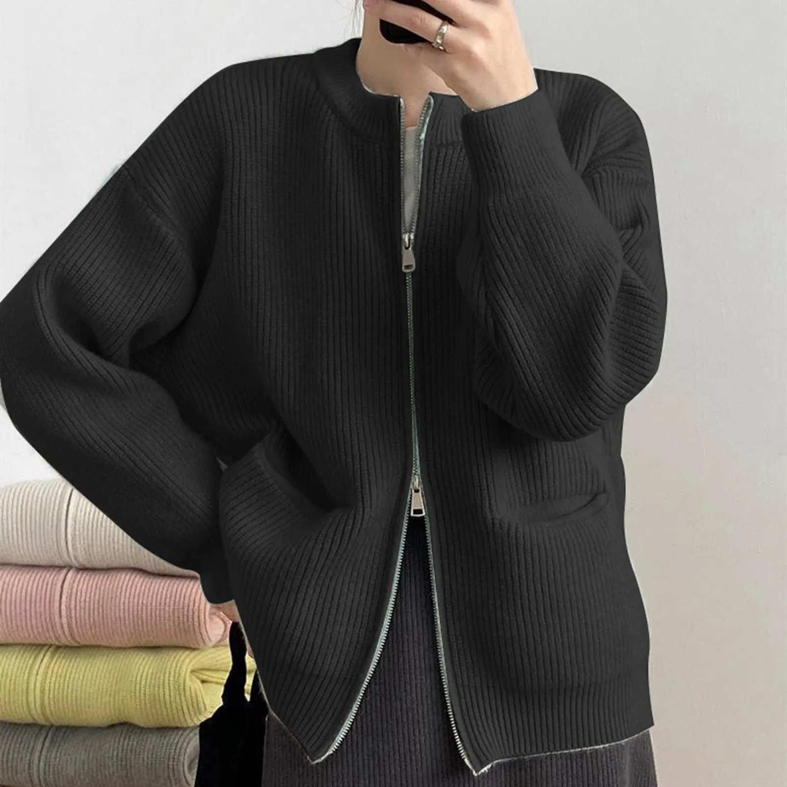 

Women's Dual Zipper Solid Design Sweater Cardigan Elegant Casual Knitwear korean style clothes vintage Female clothing