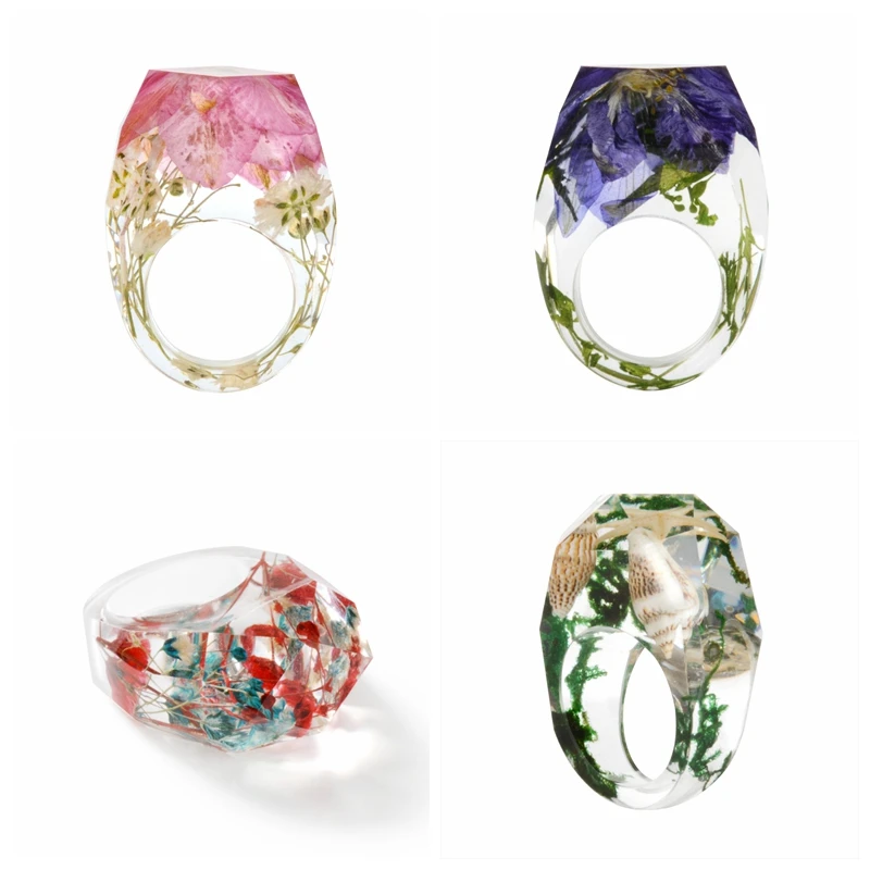 

New Transparent Forest Handmade Dried Flower Resin Ring Colorful Ink Pattern Scenery For Women Fashion Jewelry Ring