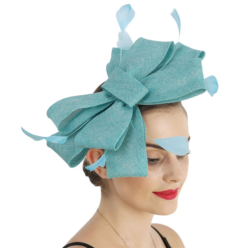 

Imitation Sinamay Wedding Mesh Fascinator For Ladies Headwear Party Women Bridal Hair Accessories Bow Hair Clip Fancy Feather