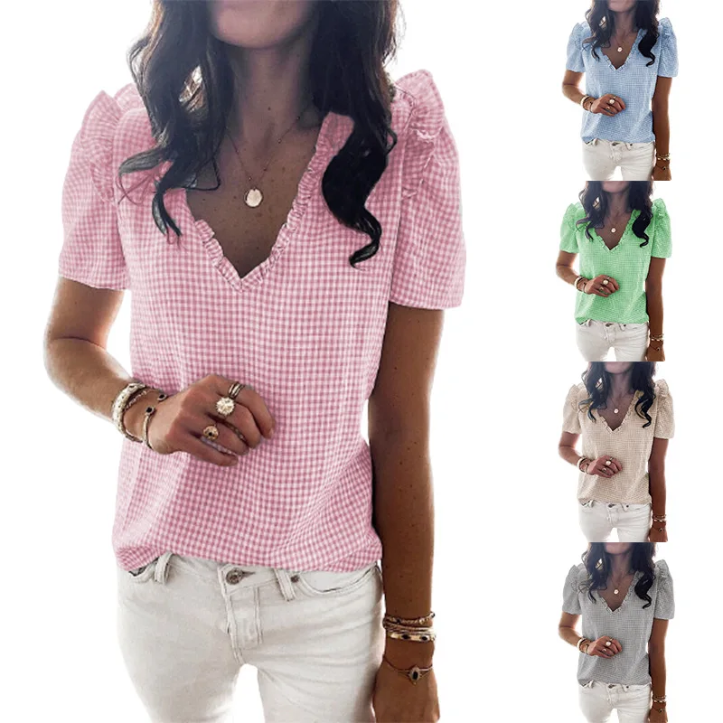

2022 New Arrival Summer Fashion V Neck Ruffled Plaid Short Sleeve Top Shirt European and American Women's Clothing Wholesale