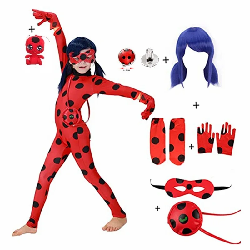 

Christmas Child Bug Costume for Girls-Red Dress Up Jumpsuit Mask Bag Easter Marinette Cosplay Costumes Party Little Beetle Suits