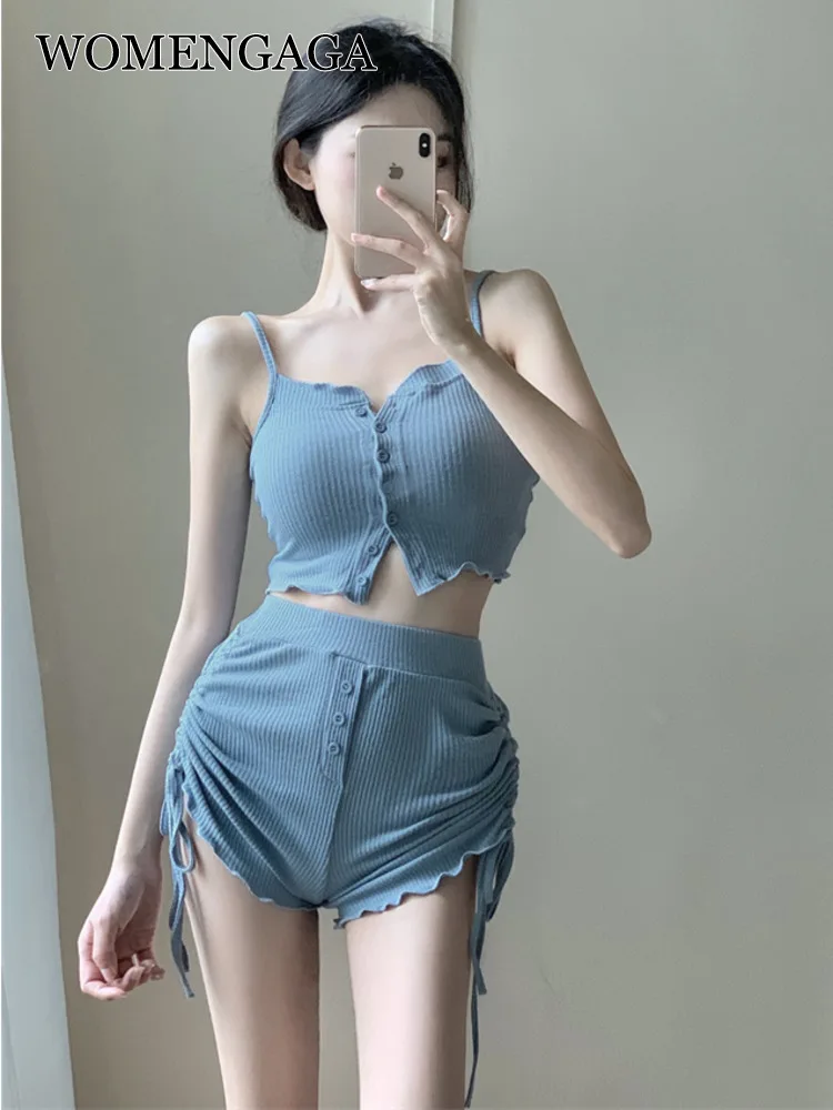 

WOMENGAGA Shorts Set Tank Vest Top Women Summer Drawstring Casual Shorts Two-piece Set Shorts Set Fashion Korean Women Tops P2QQ