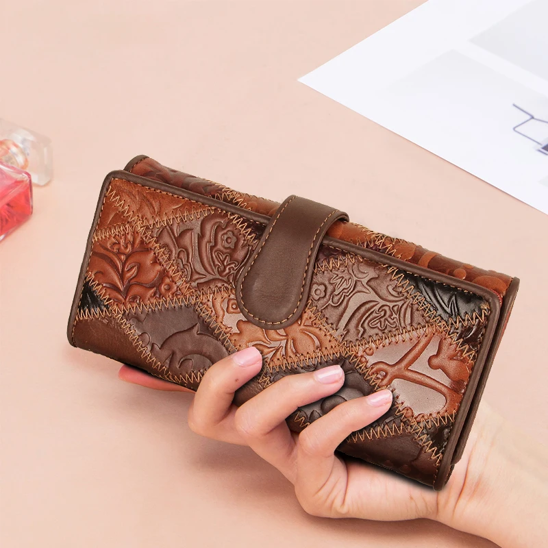 Genuine Leather Purse Coin Long Wallet For Women High Quality Lady Luxury Phone Money Patchwork Vintage Female Print Clutch