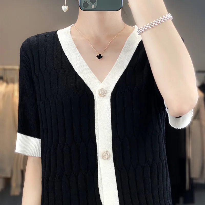 

Spring and Autumn Knit Cardigan Wool V-neck Jumper Top Single Breasted Simple Slim Women White Black Patchwork Sweater