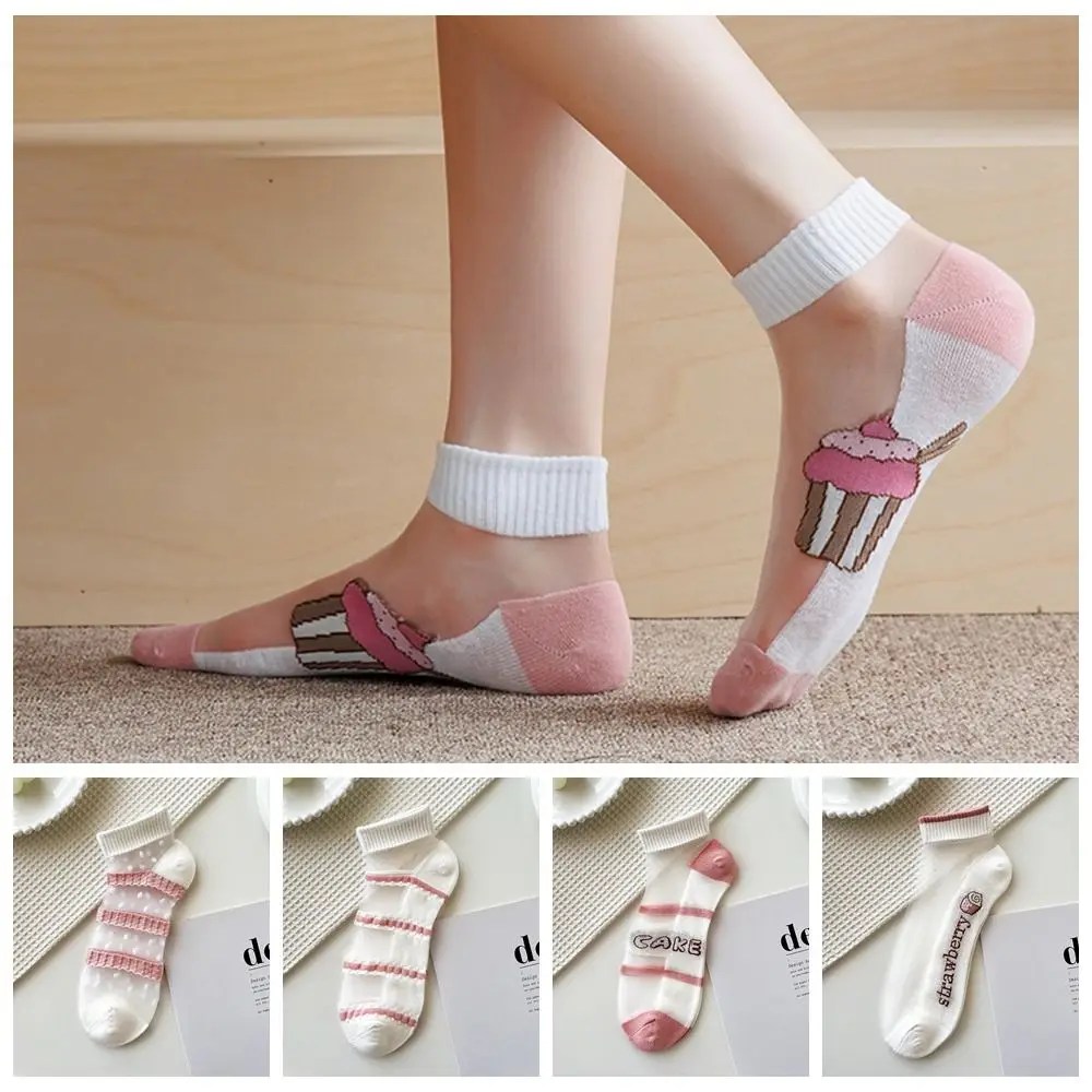 

Fashion Mesh Shallow Mouth Pink Cake Socks Slippers Short Socks Embroidery Flowers Socks Glass Silk Boat Socks