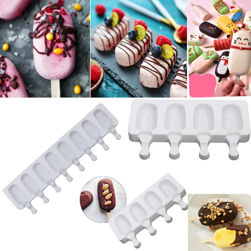 

8/4 Cavity Silicone Ice Cream Mold Ice Pop Cube Popsicle Barrel Mold Dessert DIY Mould Maker Tool with Popsicle Stick