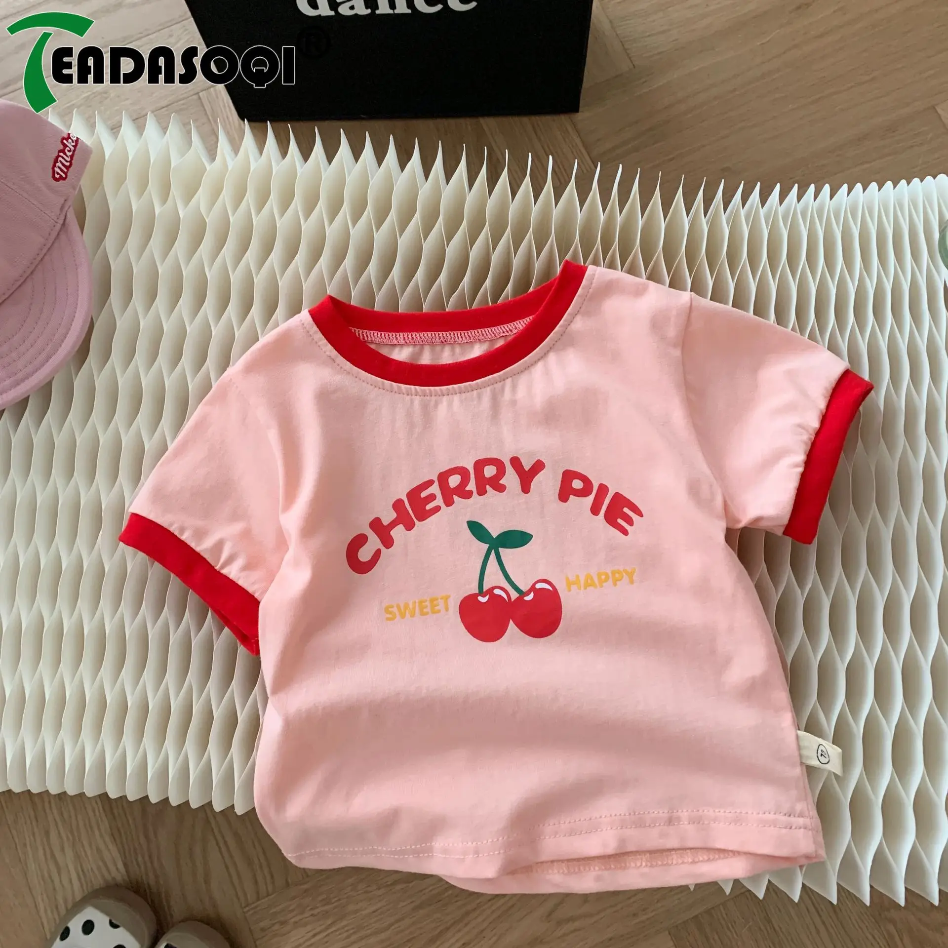 

Fashion Clothes Cherry-themed Kids T-Shirt: Striped Top Color Blocking Infants Children Up To 6 Years Perfect for Summer Baby
